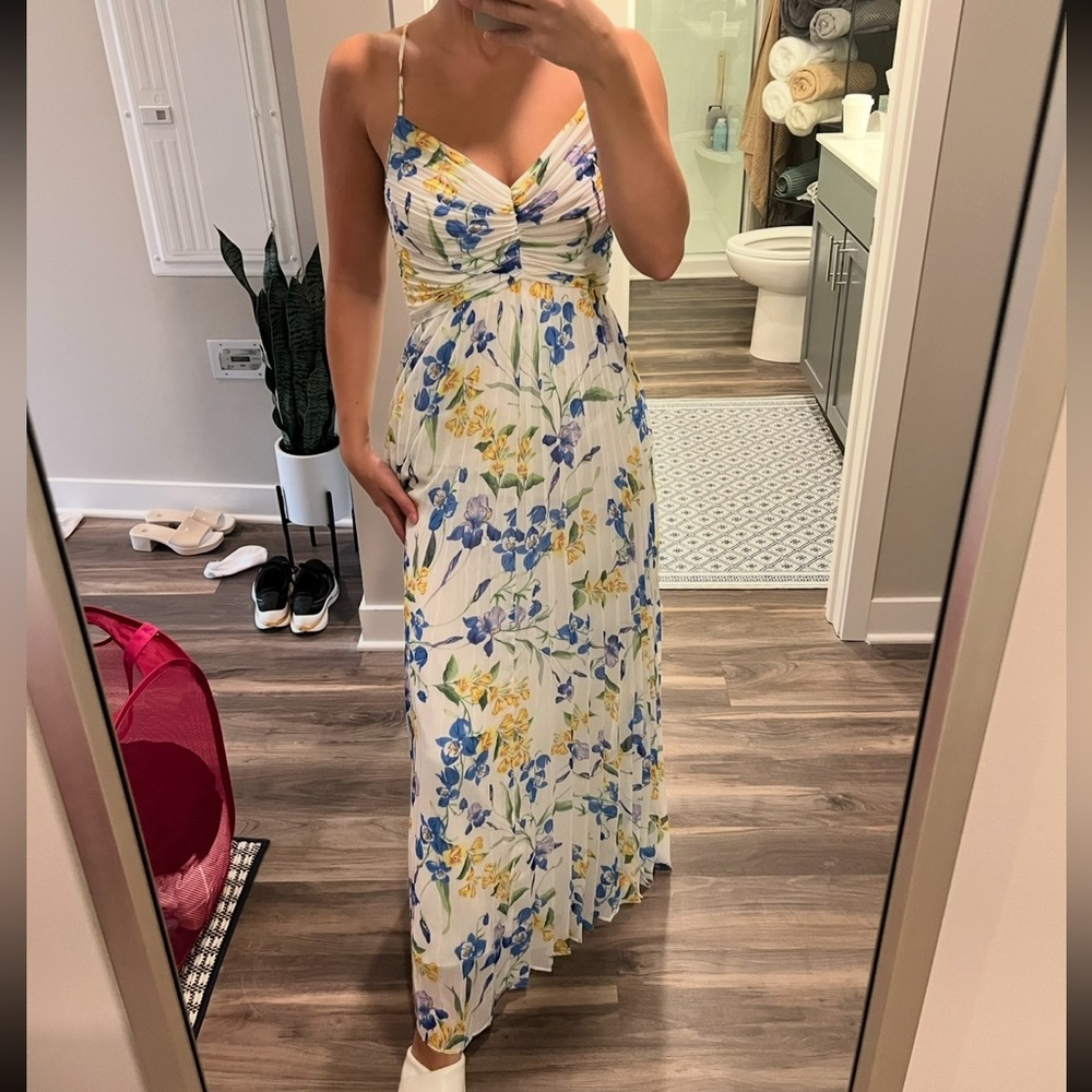 Express Blue and Yellow Floral Pleated Maxi Dress